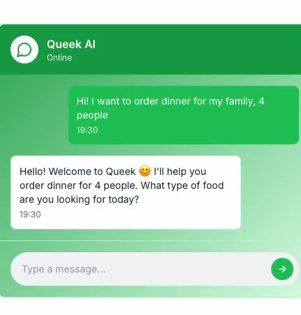 Ordering food from Queek in a WhatsApp chat