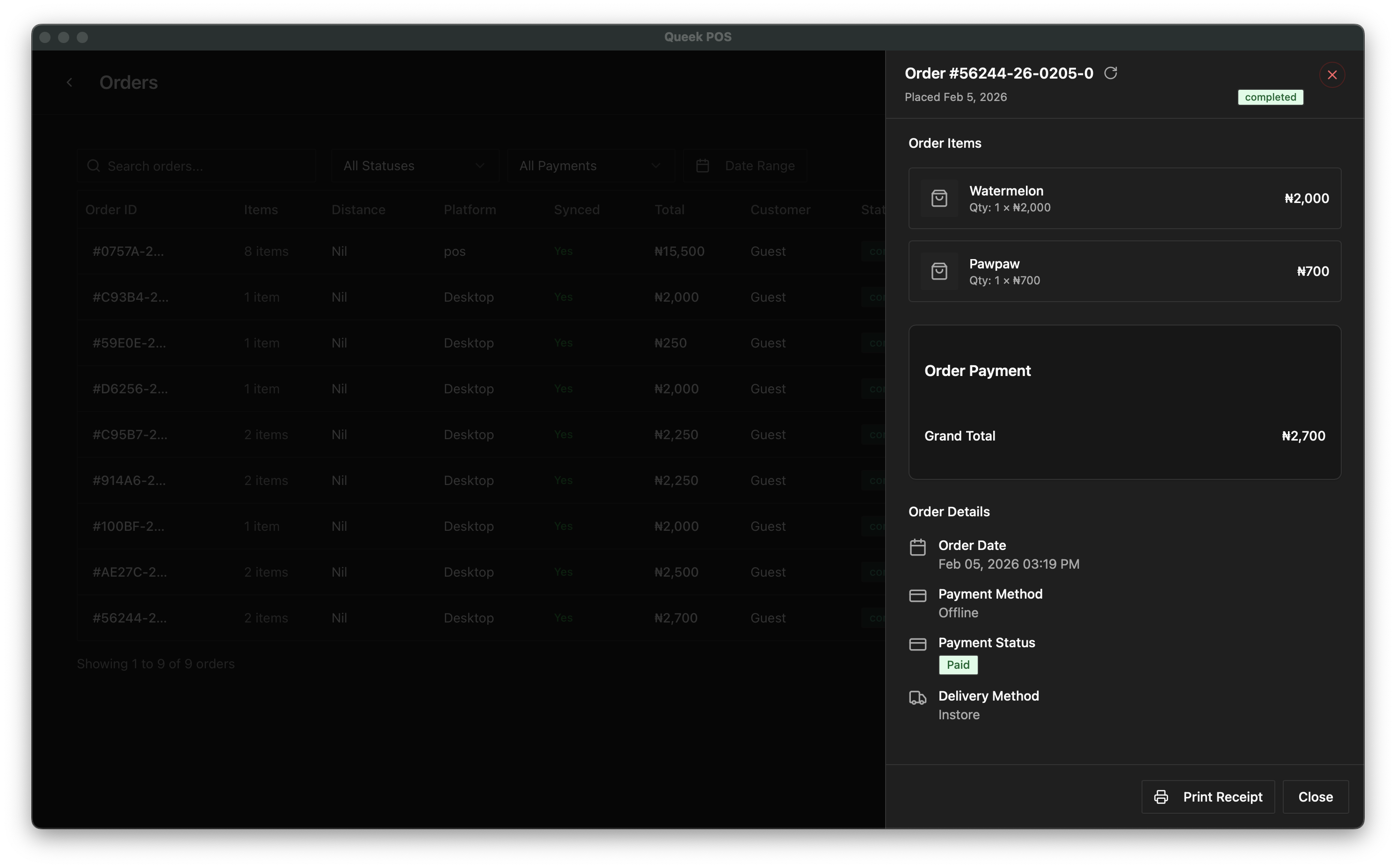 Queek POS payment and order detail
